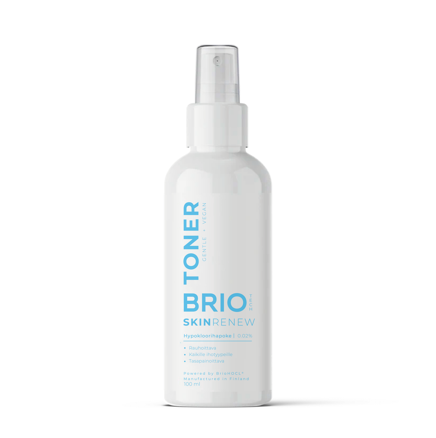 Bottle of Skin Renew Toner. Label printed with light blue text onto white bottle to emphasize the soothing effect of Hypochlorous Acid. 