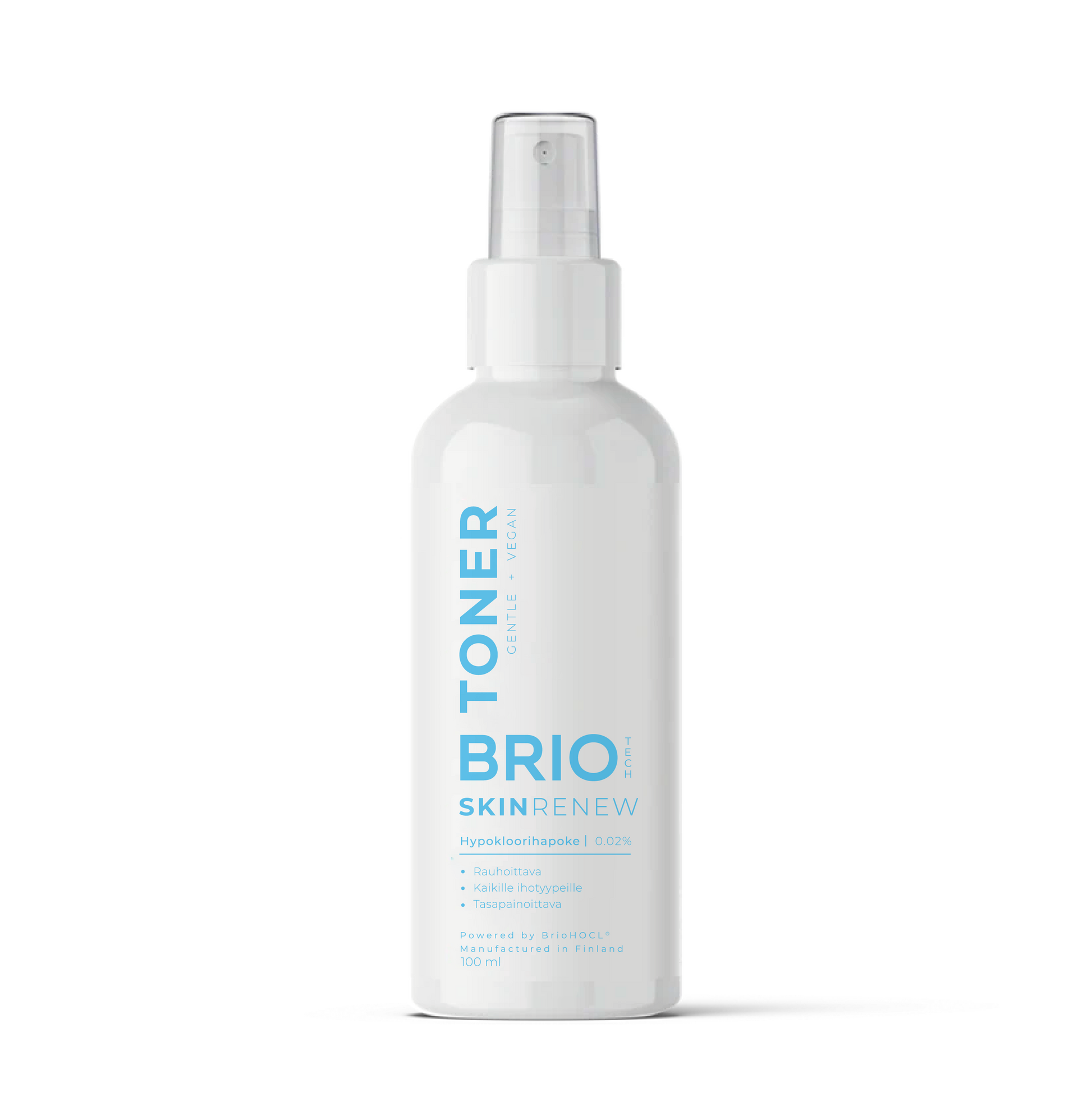Bottle of Skin Renew Toner. Label printed with light blue text onto white bottle to emphasize the soothing effect of Hypochlorous Acid. 