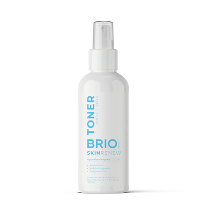 Bottle of Skin Renew Toner. Label printed with light blue text onto white bottle to emphasize the soothing effect of Hypochlorous Acid. 